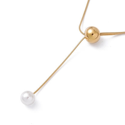 Plastic Pearl Pendant Lariat Necklace, Ion Plating(IP) 304 Stainless Steel Jewelry for Women
