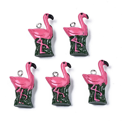 Pendentifs en résine opaque, avec boucle en fer couleur platine, forme de flamant rose