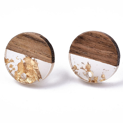 Transparent Resin & Walnut Wood Stud Earring Findings, with 304 Stainless Steel Pin and Gold Foil, Flat Round