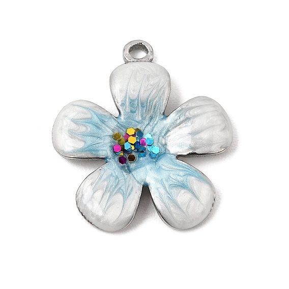 304 Stainless Steel Enamel Pendants, with Sequins/ Paillettes, Flower Charms, Platinum