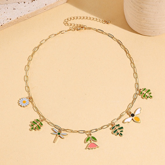 Collares con múltiples colgantes de abejas y flores de aleación de zinc esmaltado con resorte para mujer, colorido