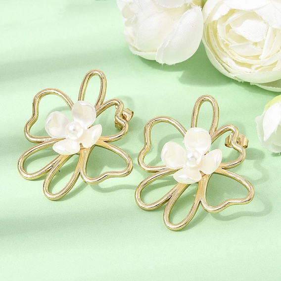 304 Stainless Steel Stud Earrings, Flower, Plastic Pearl and Resin Stud Earrings for Women, Ion Plating(IP)