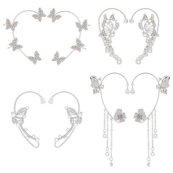 4 пара 4 серьги-каффы в форме бабочки из сплава со стразами, латунные серьги-альпинисты с запахом для девочек и женщин
