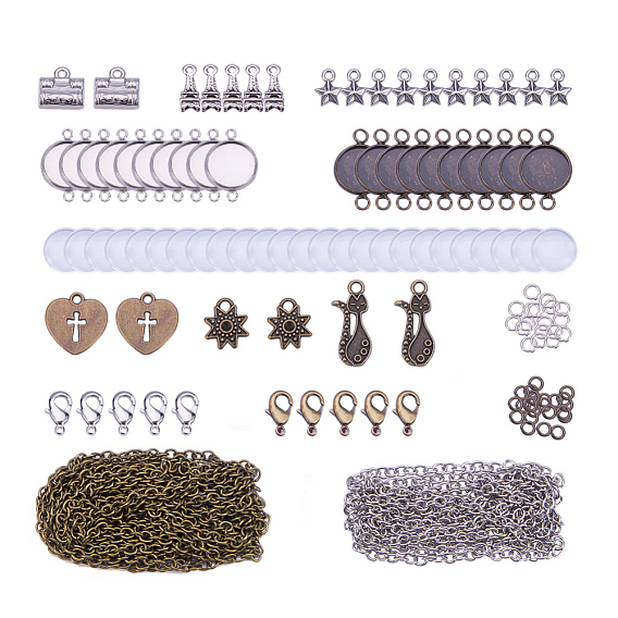 DIY Bracelets Making, with Glass Cabochon, Iron Cable Chain, Brass/304 Stainless Steel Cabochon Connector Setting and Alloy Pendants