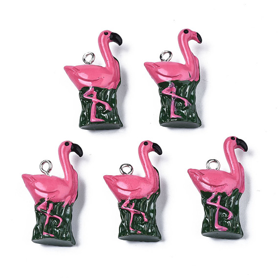 Opaque Resin Pendants, with Platinum Tone Iron Loop, Flamingo Shape