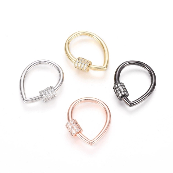 Brass Micro Pave Clear Cubic Zirconia Screw Carabiner Lock Charms, for Necklaces Making, Teardrop