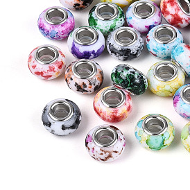 Печатные акриловые Европейский бисером, бусины с большим отверстием, с медными сердечниками, RONDELLE с узором, платина