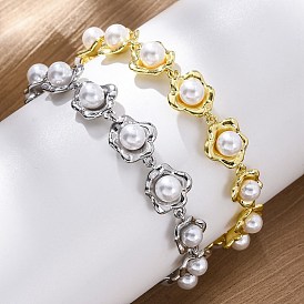 Браслеты из латунных звеньев с цветочным узором, украшения из пластикового жемчуга для женщин, без кадмия и без свинца, долговечный, стойки покрытие