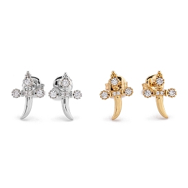 Brass Micro Pave Clear Cubic Zirconia Stud Earrings, with Ear Nuts, Long-Lasting Plated, Dagger