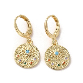 Flat Round with Eye Real 18K Gold Plated Brass Dangle Leverback Earrings, with Cubic Zirconia