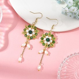304 Ohrhänger aus Edelstahl mit Glasperlen, Blume, Ohrhänger aus synthetischen Malachitperlen, golden