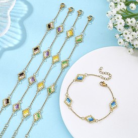 Glass Seed Beads Beaded Rhombus Link Bracelets, 304 Stainless Steel Jewelry, Golden