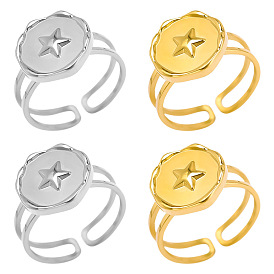 304 Stainless Steel Flat Round with Star Open Cuff Ring for Women