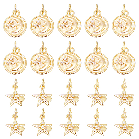20Pcs 2 Styles Brass Micro Pave Clear Cubic Zirconia Pendants, with Jump Ring, Star & Flat Round