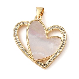 Brass & Shell & Clear Cubic Zirconia Pendants, Heart