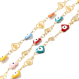 Ion Plating(IP) Stainless Steel Heart Link Chains with Colorful Enamel Evil Eye, Soldered, with Spool