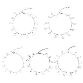 Unicraftale 5Pcs 5 Styles 304 Stainless Steel Charm Anklets, with Bar Link Chains, Ring/Heart/Leaf/Peace Sign