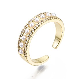 Brass Micro Pave Clear Cubic Zirconia Cuff Rings, Open Rings, with ABS Plastic Imitation Pearl, Nickel Free