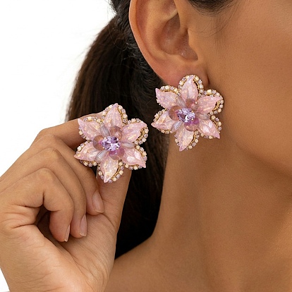 Boucles d'oreilles en alliage strass pour femmes, fleur