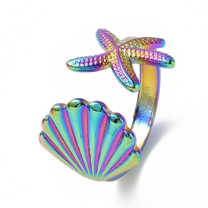304 Stainless Steel Shell with Starfish Open Cuff Ring for Women