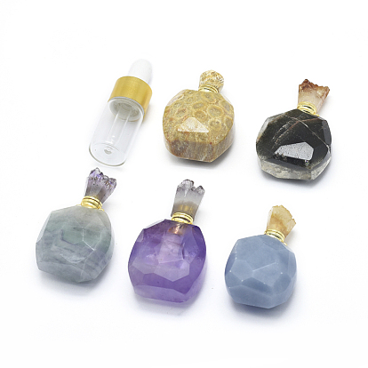 Natural Gemstone Openable Perfume Bottle Pendants, with Brass Findings and Glass Essential Oil Bottles