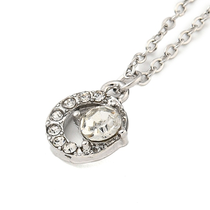 Alloy Micro Pave Clear Cubic Zirconia Pendant Necklaces,  Stainless Steel Cable Chains, Moon
