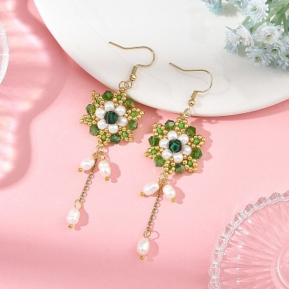 304 Ohrhänger aus Edelstahl mit Glasperlen, Blume, Ohrhänger aus synthetischen Malachitperlen, golden