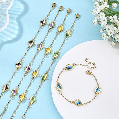 Glass Seed Beads Beaded Rhombus Link Bracelets, 304 Stainless Steel Jewelry, Golden