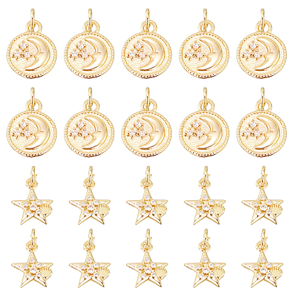 20Pcs 2 Styles Brass Micro Pave Clear Cubic Zirconia Pendants, with Jump Ring, Star & Flat Round