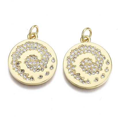 Brass Micro Pave Clear Cubic Zirconia Pendants, with Jump Ring, Nickel Free, Flat Round