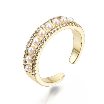 Brass Micro Pave Clear Cubic Zirconia Cuff Rings, Open Rings, with ABS Plastic Imitation Pearl, Nickel Free