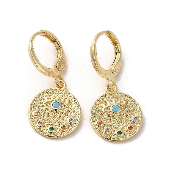 Flat Round with Eye Golden Brass Dangle Leverback Earrings, with Cubic Zirconia