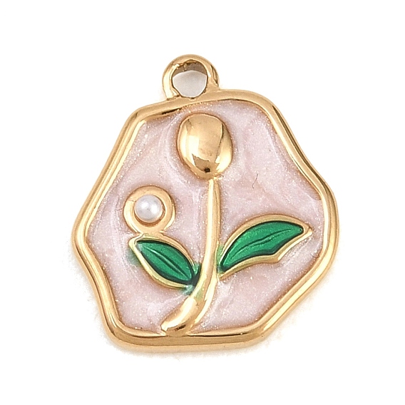 304 Подвески из нержавеющей стали с эмалью и пластиковыми жемчужинами, подвески-самородки с цветочным узором, золотые