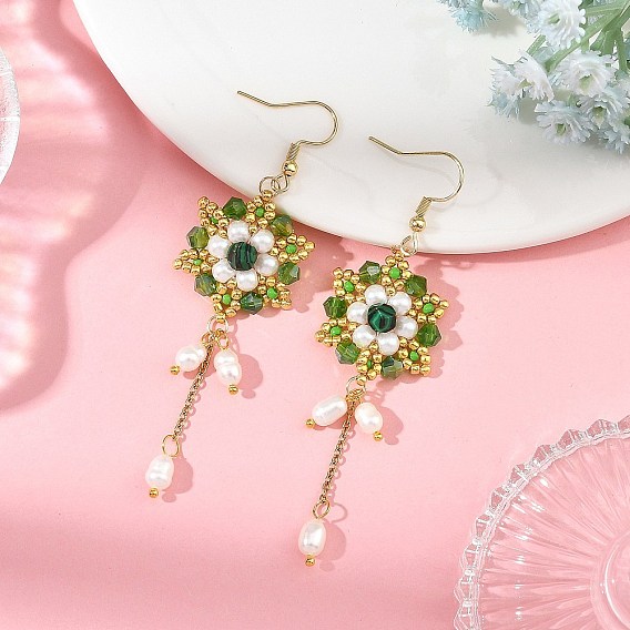 304 Stainless Steel with Glass Beads Dangle Earrings, Flower, Synthetic Malachite Beads Dangle Earrings, Golden