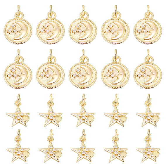 20Pcs 2 Styles Brass Micro Pave Clear Cubic Zirconia Pendants, with Jump Ring, Star & Flat Round