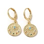 Flat Round with Eye Golden Brass Dangle Leverback Earrings, with Cubic Zirconia
