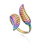 304 Stainless Steel Leaf Cuff Ring, Rainbow Color Open Ring for Women