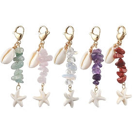 Starfish Synthetic Turquoise & Natural Cowrie Shell Pendant Decoration, with Opalite & Natural Rose Quartz & Red Jasper & Green Aventurine & Amethyst Chips Beads