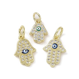 Real 18K Gold Plated Brass Micro Pave Cubic Zirconia Pendants, with Enamel and Jump Ring, Hamsa Hand Charms