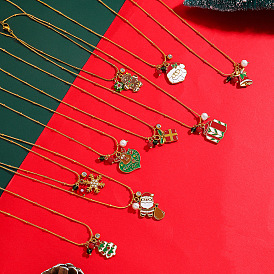 304 Рождественские подвески-ожерелья из нержавеющей стали с эмалью, стразами и смолой для женщин, золотые