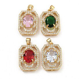 Brass Micro Pave Clear Cubic Zirconia Pendants, with Glass, Rectangle