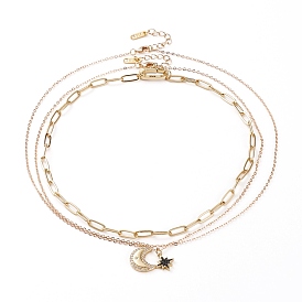 Chain Necklaces & Pendant Necklaces Sets, with Moon & Star Brass Micro Pave Cubic Zirconia Pendants, Brass Paperclip Chains and Cable Chains