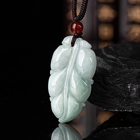 Natural Jadeite Carved Leaf Pendant Necklaces, Adjustable Nylon Cord Slider Necklaces