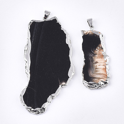 Natural Black Agate Slices Big Pendants, with Brass Findings, Nuggets, Silver Color Plated