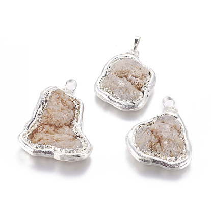 Natural Geode Druzy Quartz Pendants, with Brass Findings, Nuggets