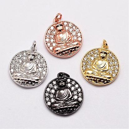 Brass Pendants, Micro Pave Grade AAA Cubic Zirconia, Flat Round with Buddha, Cadmium Free & Nickel Free & Lead Free