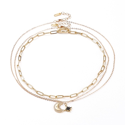Chain Necklaces & Pendant Necklaces Sets, with Moon & Star Brass Micro Pave Cubic Zirconia Pendants, Brass Paperclip Chains and Cable Chains
