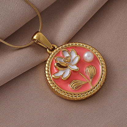 316 хирургическая нержавеющая сталь, эмаль, с имитацией жемчуга, плоские круглые подвески с цветком для женщин, золотые
