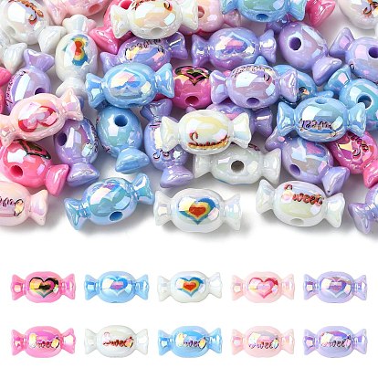 40Pcs UV Plating Opaque Acrylic Beads, Iridescent, Candy with Heart/Word Sweet
