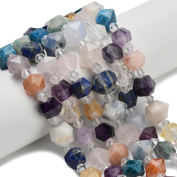 Нити бусин из натурального розового кварца, аметиста, лазурита, амазонита, апатита, солнечного и лунного камня, самородки, граненые, с бисером